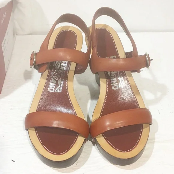 Salvatore Ferragamo Size 7C Brown Leather Wedge Strappy Sandal NEW
